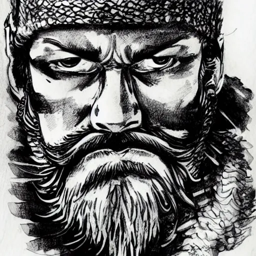 Image similar to bearded biker, intricate ink drawing, highly detailed in the style of Ashley wood