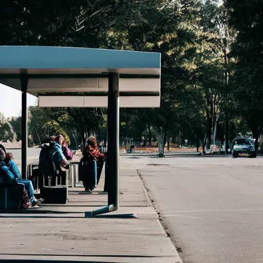 Image similar to photo of people waiting at bus stop, afternoon lighting