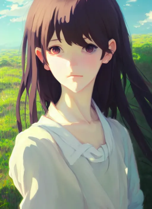 Image similar to portrait of cute girl, cloudy sky background lush landscape illustration concept art anime key visual trending pixiv fanbox by wlop and greg rutkowski and makoto shinkai and studio ghibli and gustav klimt