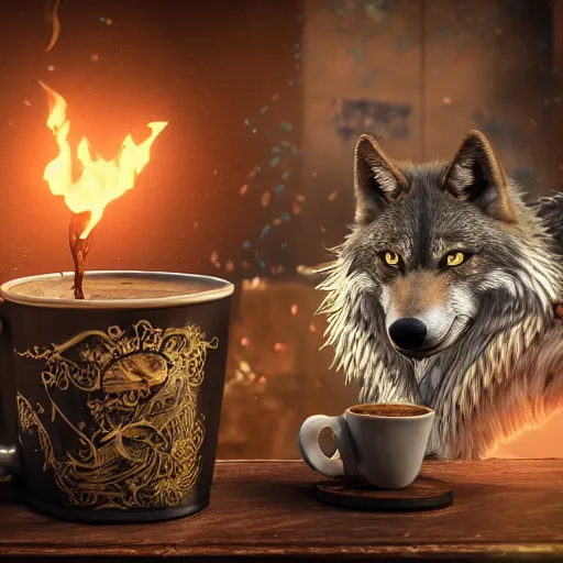 Image similar to A epic and beautiful rococo wolf drinking coffee, in a burning coffee shop. ultra-detailed. Anime, pixiv, UHD 8K CryEngine, octane render