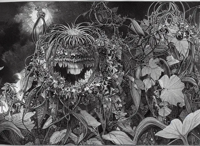 Image similar to creepy sunflower mutant vine plant with a portal to space in its mouth in a jungle, giovanni battista piranesi, moebius, alphonse mucha, ultra - detailed, yoshitaka amano