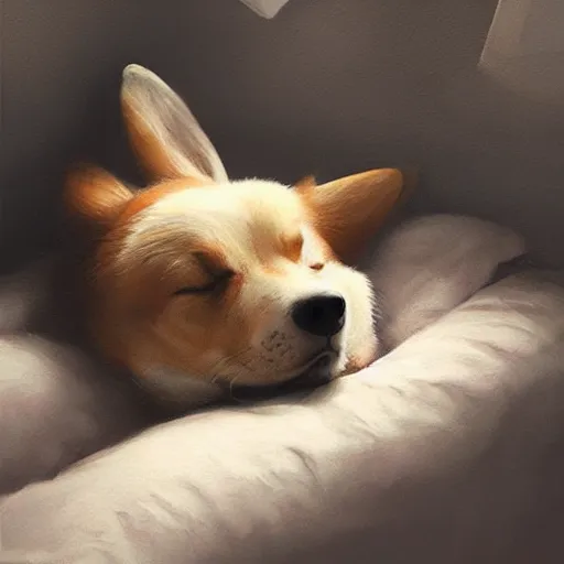 Image similar to a cute corgi sleeping. soft, atmospheric, warm lighting. highly detailed digital painting by mandy jurgens.