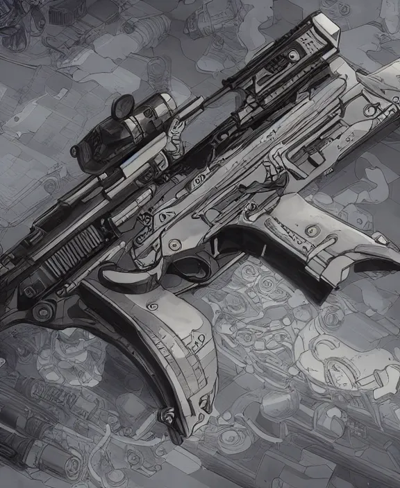 Image similar to a detailed manga style illustration of a submachine firearm concept from 2 0 5 0, by moebius and stephan martiniere, 4 k resolution, detailed, unreal engine, octane render, trending on artstation