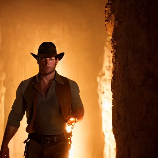 Image similar to still of Henry Cavill as Indiana Jones with a torch in a secret antic room, centred, full body, focused, cinematic light, by Steven Spielberg, eighties movie, 4K, detailed