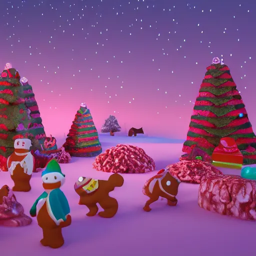 Prompt: cinematic Candy land forest during christmas time with anthropomorphic ginger bread people and candy people, rivers made out of chocolate milk, the sky is pink, 3d render, Trending on artstation