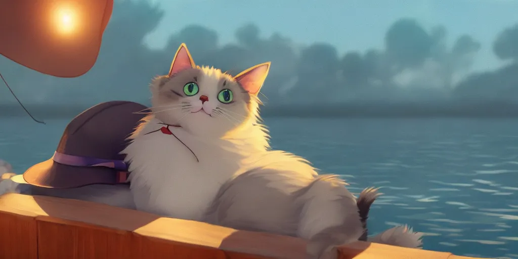 Image similar to a wholesome animation key shot of a cute cat on a fishing boat wearing a sunhat, studio ghibli, pixar and disney animation, sharp, rendered in unreal engine 5, anime key art by greg rutkowski, bloom, dramatic, dynamic lighting