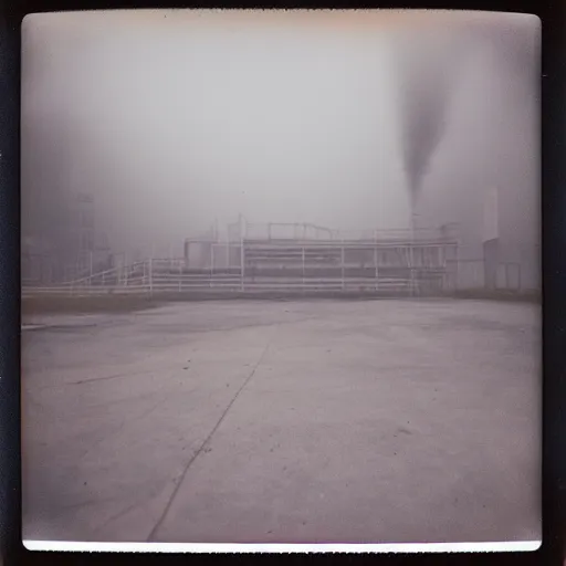 Prompt: an impossibly complex concrete structure, foggy, dark, old polaroid, expired film,