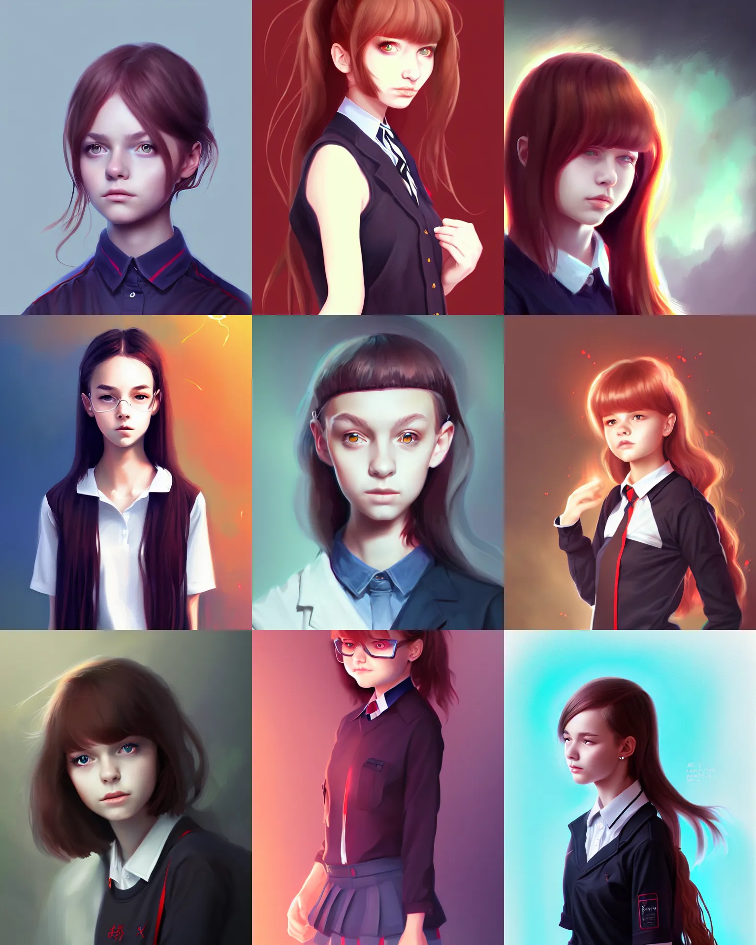 Prompt: portrait, attractive young teen girl, dark school student uniform, fire magic, digital painting, trending on artstation, illustration, art by WLOP