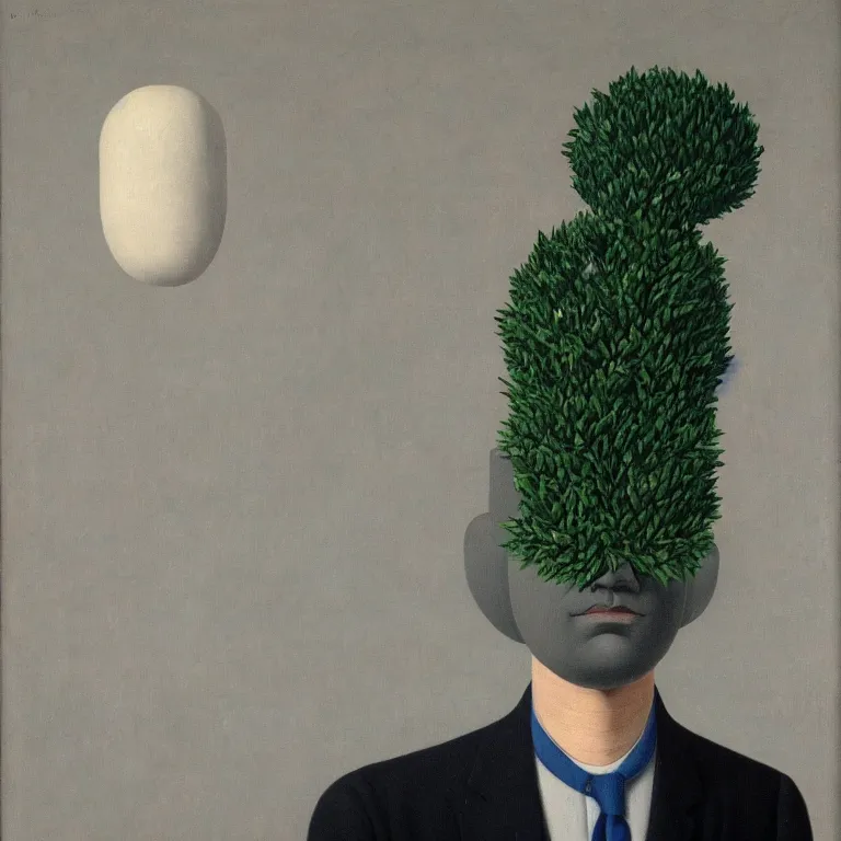 Prompt: portrait of a faceless flower - head man by rene magritte, detailed painting, distance, centered, hd, hq, high resolution, high detail, 4 k, 8 k