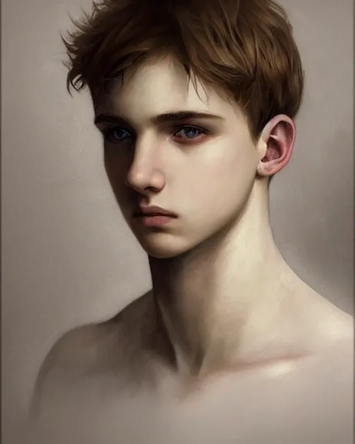 Image similar to portrait a 1 5 - year - old boy, with slender, smooth sleek white - blond hair, cold grey eyes, a pale complexion with sharp and pointed features, wearing black clothes, hyper realistic face, beautiful eyes, close up, fantasy art, in the style of greg rutkowski, intricate, alphonse mucha, hyper detailed, smooth
