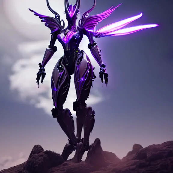 Image similar to extremely detailed front shot of a giant 1000 meter tall beautiful stunning saryn prime female warframe goddess, that's an anthropomorphic hot robot mecha female dragon, silver sharp streamlined armor, detailed head, sharp claws, glowing Purple LED eyes, sitting cutely in the background, rump on top of a mountain below her, a tiny forest with a village in the foreground, in front of her, fog rolling in, dragon art, warframe fanart, Destiny fanart, micro art, macro art, giantess art, fantasy, goddess art, furry art, furaffinity, high quality 3D realistic, DeviantArt, artstation, Eka's Portal, HD, depth of field