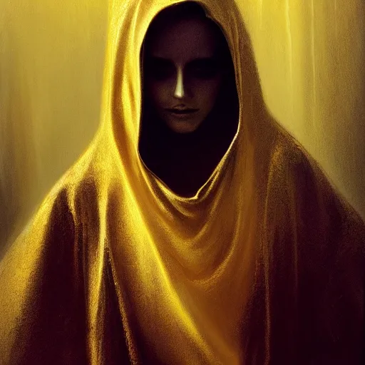 Image similar to a portrait of a young woman wearing a long dark cloak, hood and shadows covering face, holding golden chains, oil painting, matte painting, black background, Volumetric Golden dappled dynamic lighting, Highly Detailed, Cinematic Lighting, Unreal Engine, 8k, HD, by Beksinski