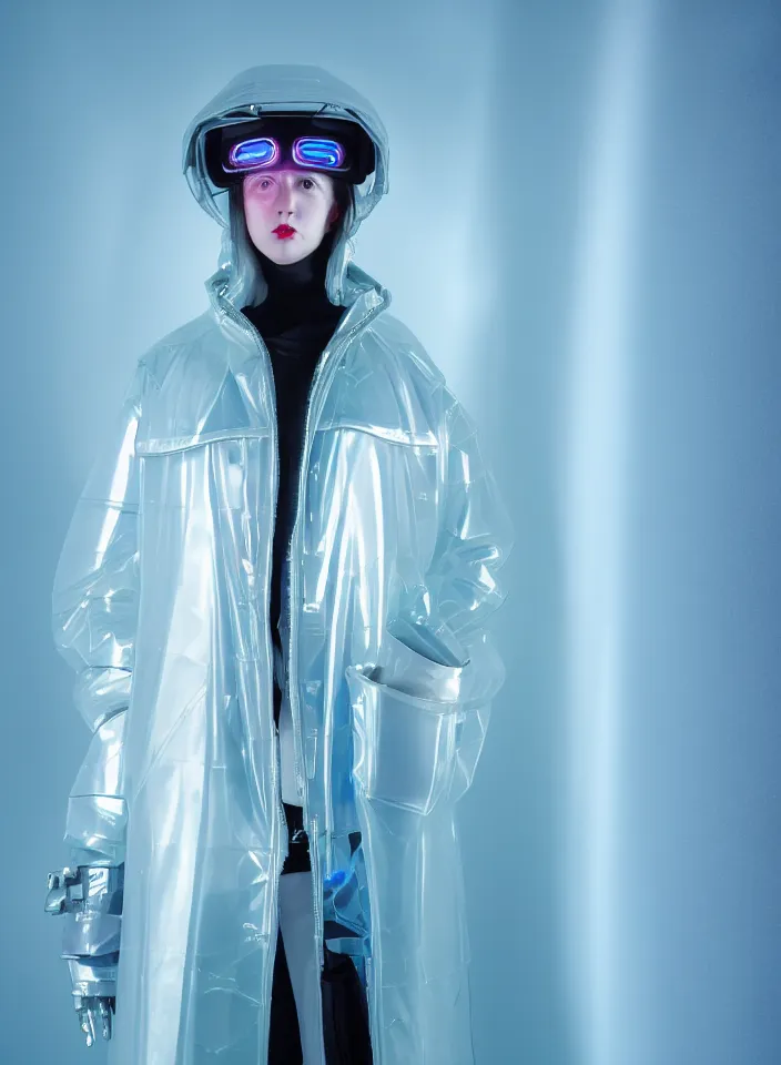 Image similar to an ultra high definition professional studio quality photograph of an artificially intelligent cyberpunk art influencer wearing a transparent iridescent pastel coloured face visor and matching bubbly puffy raincoat on white coat hook in a sheer icelandic black rock environment. three point light. dramatic lighting. volumetric shadows. light rays