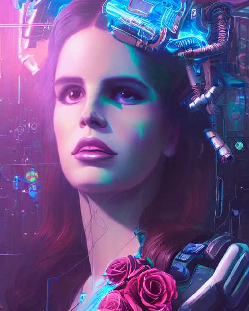 Image similar to portrait of lana del rey as a cyberpunk cyborg. roses sci - fi intricate abstract upper body intricate artwork, roses, rose petals, by tooth wu, wlop, beeple, dan mumford. concept art, octane render, deviantart, greg rutkowski, cinematic arthouse, key art, hyper realism, iridescent accents