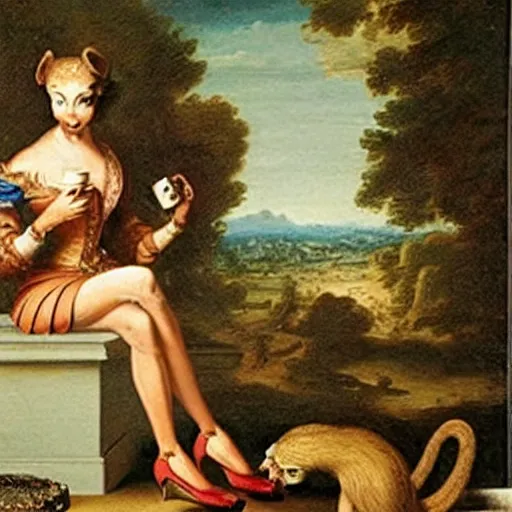 Image similar to a monkey with heels drinking tea as a baroque painting