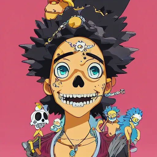 Prompt: manga fine details portrait of joyful skull girl, floeers in hair, marge simpson, skeleton. anime masterpiece by studio ghibli. 8 k render, sharp high quality anime illustration in style of ghibli, artstation