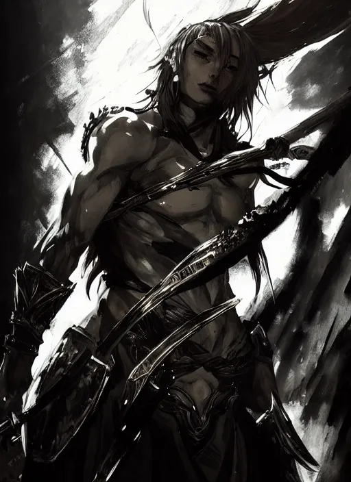 Image similar to Half body portrait of a young prodigy elven warrior wielding fire sword. In style of Yoji Shinkawa and Hyung-tae Kim, trending on ArtStation, dark fantasy, great composition, concept art, highly detailed, dynamic pose.