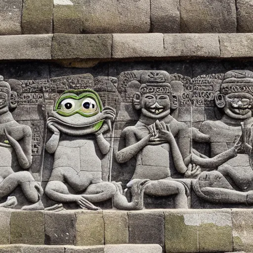 Image similar to bas - relief about pepe the frog on borobudur wall