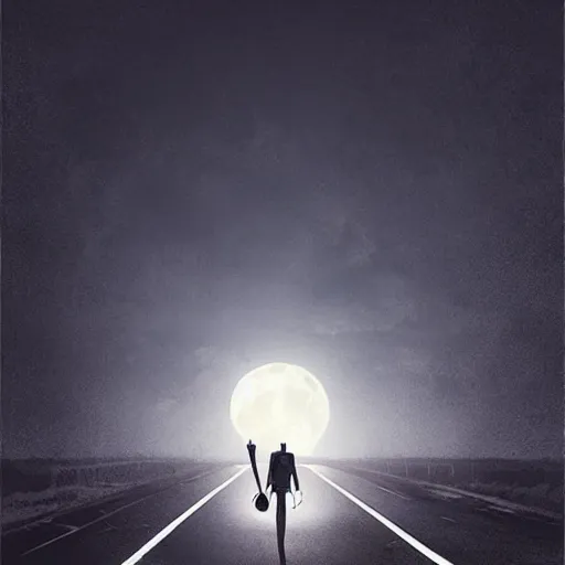 Prompt: movie poster of menacing figure with a cleaver standing in the middle of a road, night, large moon in the sky, by Cédric Peyravernay, excellent composition, dark