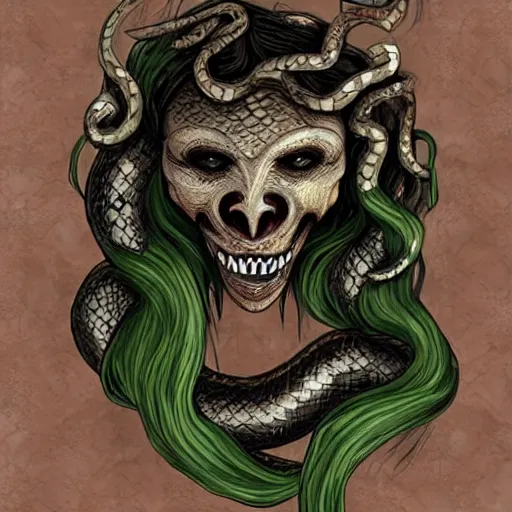 Image similar to torquoise fantasy fanged medusa, medusa head, snake heads, medusa head, snake heads, medusa head, snake tongue, snake tongue, snake eyes, hair made of snake eyes, fantasy game art, fantasy rpg, league of legends