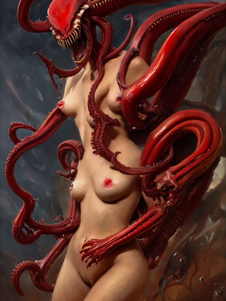 Image similar to painted close - up portrait of a very attractive red - skinned intimidating demon xenomorph queen with ram horns! oil painting, wearing a noblewoman's outfit, fantasy art by john singer sargent and gaston bussiere and james jean and greg rutkowski, demon noble character design, hd