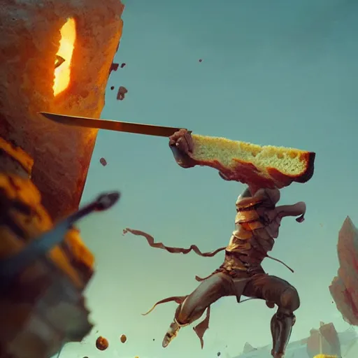 Image similar to battle toast, a slice of toasted bread with a face, arms and legs, holding a sword, volumetric lighting, dynamic composition, fantasy, hyper detailed, ultra realistic, sharp focus, octane render, concept art by sergey kolesov and ruan jia and heng z