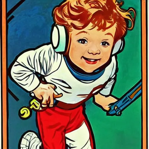 Image similar to a cute little boy with a mischievous face and short ginger hair. he is dressed as an astronaut. well composed, clean elegant painting, beautiful detailed face. comic book art by steve ditko and jack kirby and ( alphonse mucha )