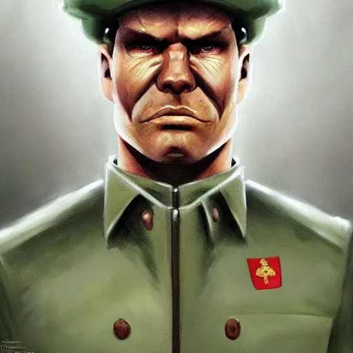 Image similar to portrait of a soviet soldier as a doomguy in team fortress 2 style, tragic, elegant, fantasy, hd shot, digital portrait, beautiful, artstation, comic style, by artgerm, guy denning, jakub rozalski, magali villeneuve and charlie bowater