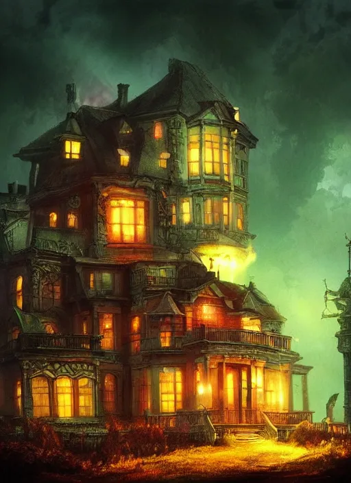 Image similar to glowing mansion in burning vapor dramatic lighting, artstation, matte painting, alexander fedosav, alexander jansson, glowing giant squid destroying the mansion by allen williams