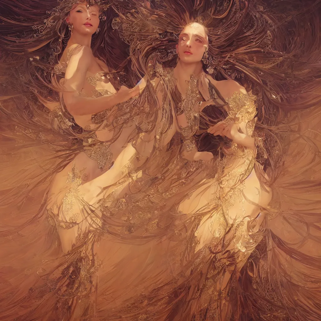 Prompt: glowing goddess dancing in the desert, professional models, symmetrical face, fantasy, surreal, intricate and very beautiful and elegant, highly detailed, digital painting, trending on artstation, concept art, smooth and sharp focus, illustration, art by tan zi and ayanamikodon and alphonse mucha and wlop