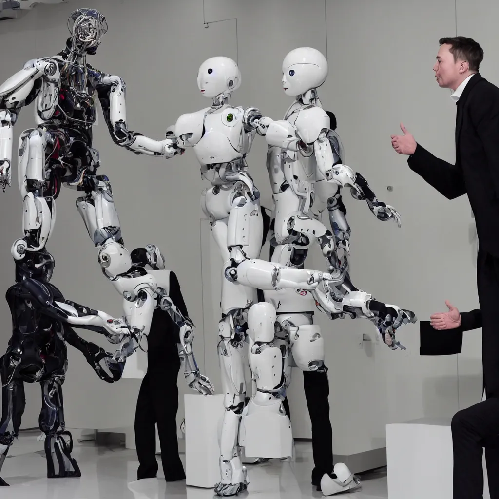 Image similar to photo pf a humanoid robot shaking hands with elon musk