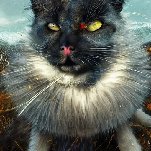 Image similar to giant cat attacking, 8 k ultra realistic animal, detailed intricate fur, decaying, full of colour, cinematic lighting, battered, trending on artstation, 4 k, hyperrealistic, focused, extreme details, unreal engine 5, cinematic, masterpiece, art by ayami kojima