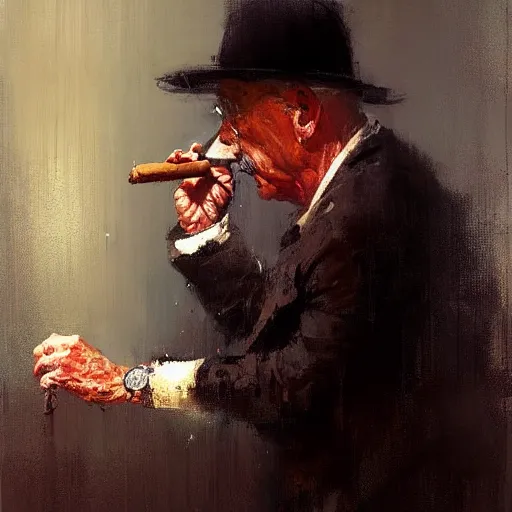 Image similar to lonely old man smoking a cigar, rainy night, painting by jeremy mann