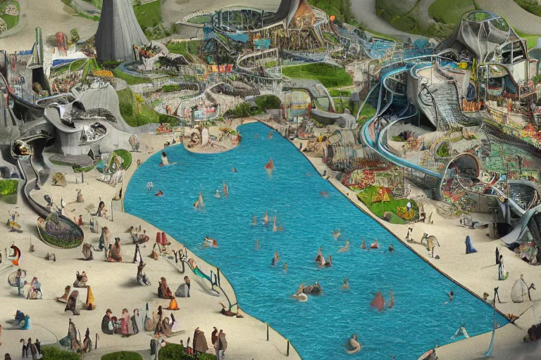 Prompt: 3d render of a Waterpark designed by hieronymus bosch, horror theme, scary, gory, supernatural