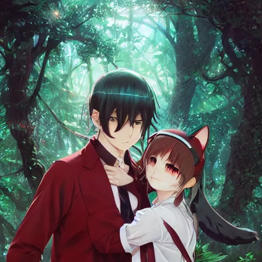 Image similar to anime key visual of a beautiful young female wearing cat ears and a boy wearing white shirt and red tie, intricate, magical forest, stunning, highly detailed, digital painting, artstation, smooth, hard focus, illustration, predator movie, prey movie ( 2 0 2 2 ), art by artgerm and greg rutkowski and alphonse mucha