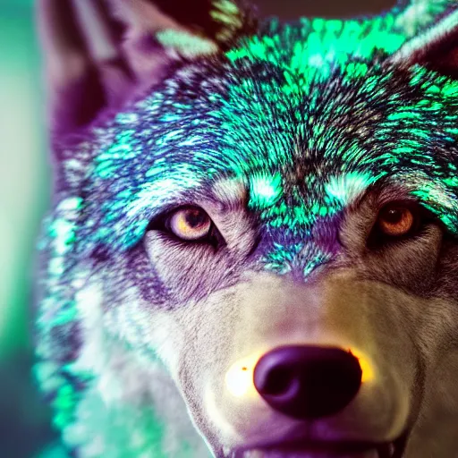 Image similar to portrait photography of a emerald wolf sculpture with glowing purple eyes