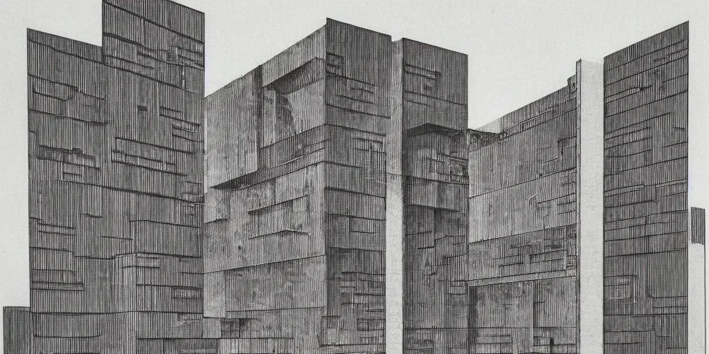 Image similar to brutalist building facing. yugoslavia, le corbusier, central symmetry, highly detailed, golden ratio, black and white color scheme, etching render