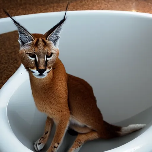 Prompt: Caracal sitting in a bathtub, Instagram photo