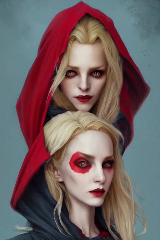 Image similar to nosferatu princess, wearing a red cloak, blonde hair, highly detailed, digital painting, artstation, concept art, smooth, sharp focus, illustration, art by artgerm and greg rutkowski and alphonse mucha and andrei riabovitchev