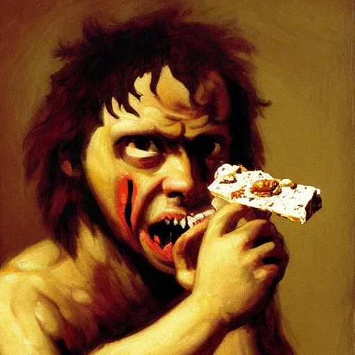 Image similar to saturn devouring a snickers chocolate bar, goya painting, in the style of goya and greg rutkowski, in the style of black paintings, 8 k, highly realistic