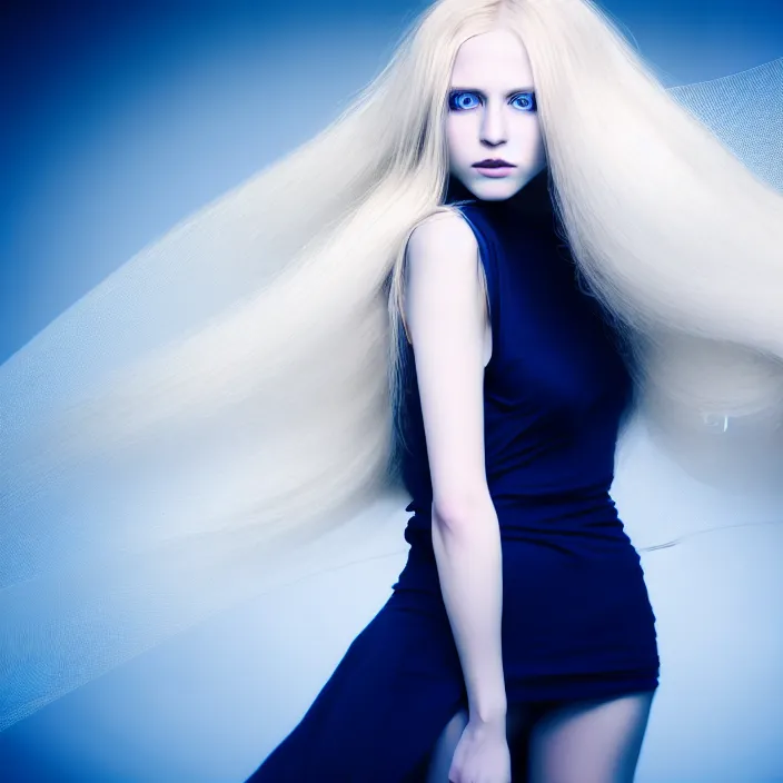 Prompt: simulating photography of a beautiful woman with long blond hair dressed in long white, fine art photography light painting in style of Paolo Roversi, professional studio lighting, volumetric lighting, dark blue background, hyper realistic photography, fashion magazine style