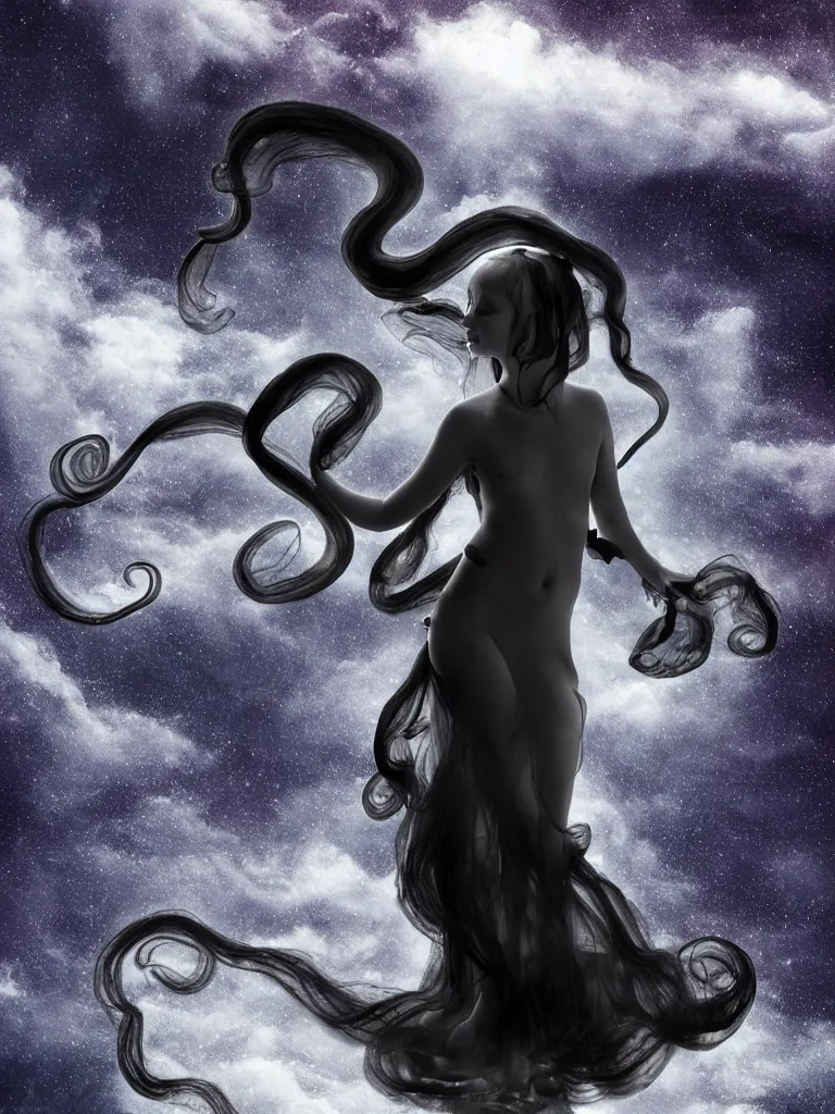 Prompt: cute fumo plush gothic translucent octopus maiden alien girl combing her hair in the waves of the wavering dark galactic abyss, black dress with ribbons, ocean wave thunderstorm and reflective splashing water, black and white, ocean simulation, vignette, vray