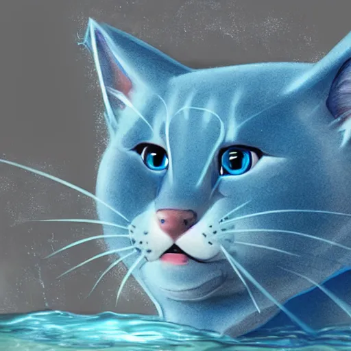 Prompt: a blue cat with water powers,realistic illustration