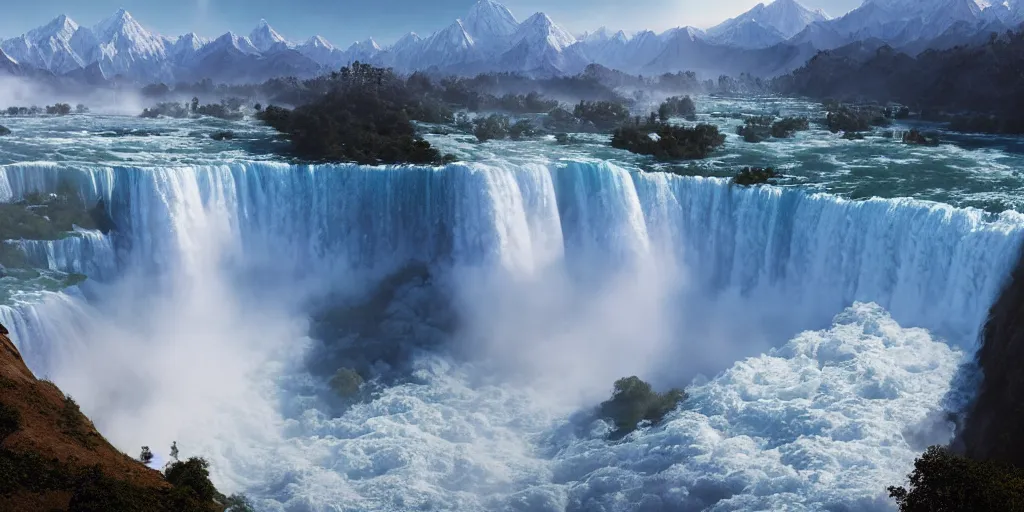 Image similar to cascade of multiple gigantic niagara falls in the himalaya, epic mountains, early dawn, fantasy illustration, matte painting, concept art, low angle shot, volumetric lighting, volumetric atmosphere, morning mist, art by james gurney, unreal engine 5, 8 k