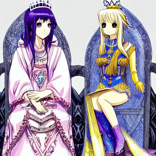 Image similar to two beautiful queens sitting in thrones across from each other, detailed anime art