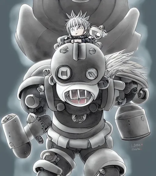 Image similar to beautiful little boy wearing an cyborg bear suit, artwork in kentaro miura and made in abyss and sakimichan, inspired in super bomberman, smooth, beautiful lightness, anatomically correct, trending on pixiv, moon