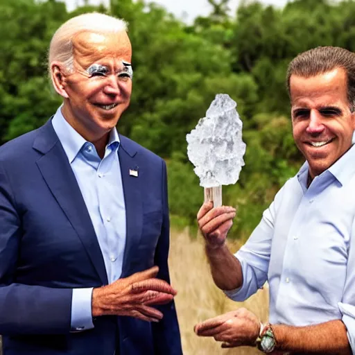 Image similar to UHD candid photo of Joe Biden and Hunter Biden holding up a giant flaming quartz crystal, UHD, photorealistic, correct face, photo by Annie Leibowitz