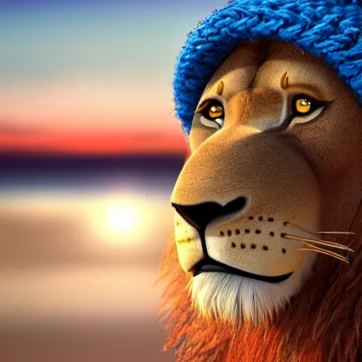 Prompt: a photorealistic picture of a knitted smiling Mufasa lion at the beach during sunset dressed in a blue beanie cap and sunglasses Trending on Artstation, featured on Behance, well-rendered, intricate, highly detailed, very crispy, Unreal Engine, 4K HD