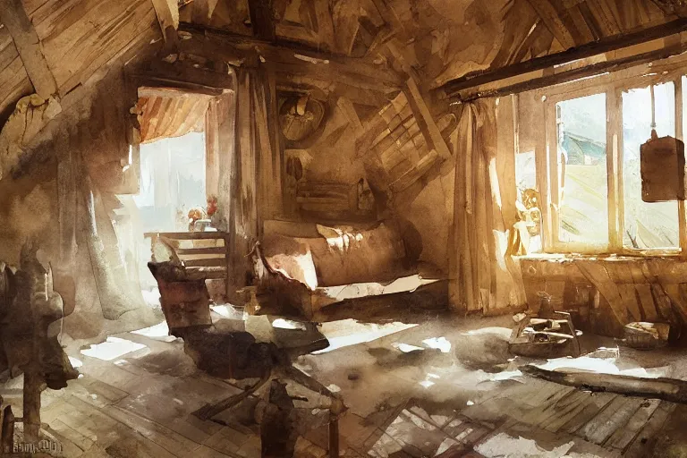 Prompt: paint brush strokes, abstract watercolor painting of rustic village house, interior closeup, medieval straw roof, scandinavian viking age, ambient lighting, art by hans dahl, by jesper ejsing, art by anders zorn, wonderful masterpiece by greg rutkowski, cinematic light, american romanticism by greg manchess, creation by tyler edlin