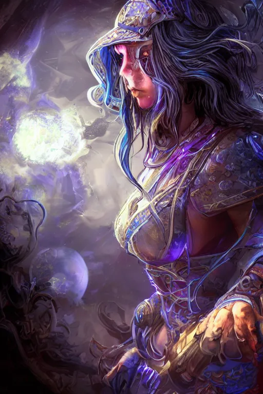 Prompt: Path of Exile, Maven, clear face, big blue eyes, female image in shadow, with silver purple hair among colourful lights, dark blue spheres fly around, Anachronism, painting, dark fantasy, steampunk, 4k